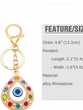 Gold Teardrop Evil Eye Keychain with Multicolor Rhinestones